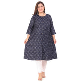 Navy Blue Capsule Floral Print A-Line Kurti for Women's Office Wear, buttons with 3/4th sleeves, closed slit & side